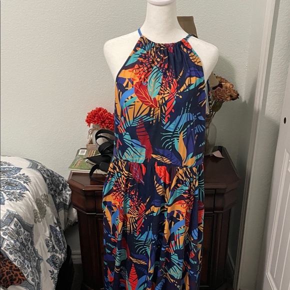 Blue and Pink One Shoulder Sundress with Slit - Picture 2 of 4